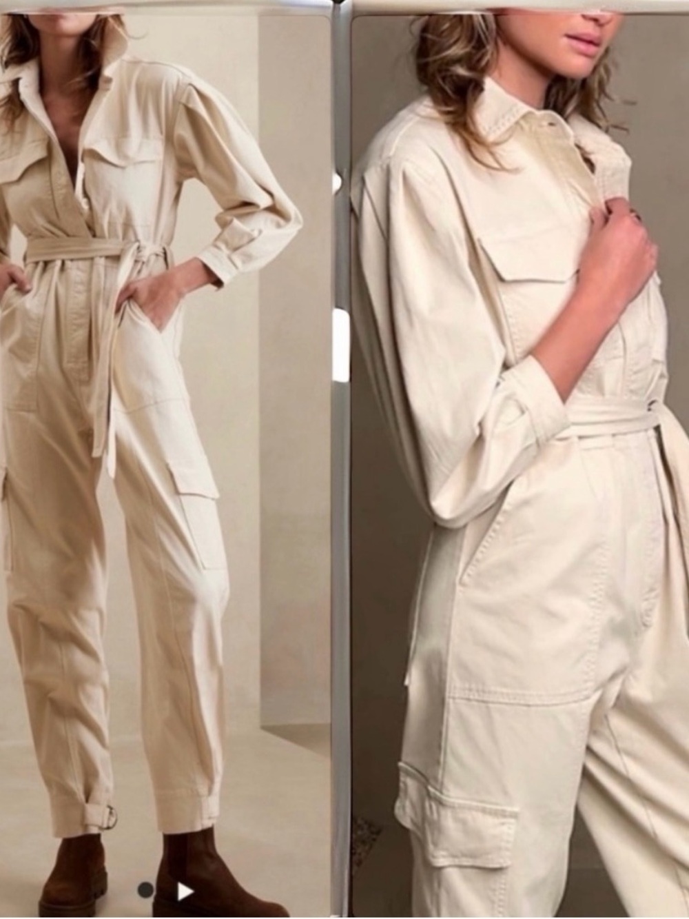 Banana Republic Andi Flightsuit Cream Utility Tie-Waist Jumpsuit